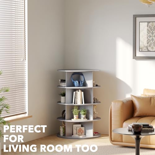 SpaceAid 4 Tier Rotating Shoe Rack Tower, Spinning Shoe Display Lazy Susan, Revolving 360 Shoe Rack Storage Round Carousel, Vertical Handbag Rotate Shoes Closet Organization (4-Tier Gray)