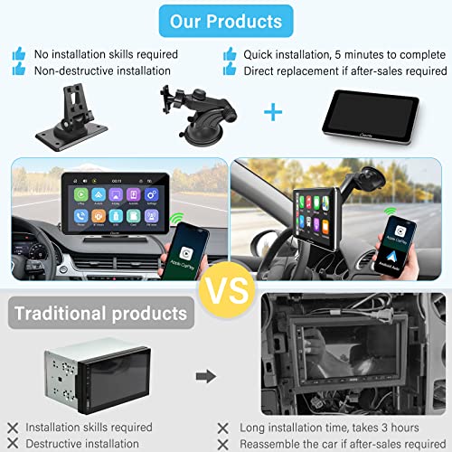 Carpuride Newest 7 Inch Portable Ips Screen Wireless Apple Carplay & Android Auto With Mirror Link, Car Radio Receiver Mp5 Player Sucker Holder & Dashboard Mounted #TOP7