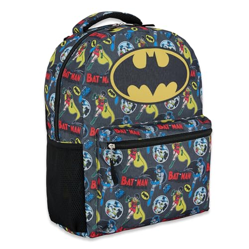 DC Comics Kids Batman Backpack - Batman, Superman, The Joker Superhero Bookbag for Boys Girls Toddlers and Adults - Laptop and Lunchbox Compatible School Bag (Batman Black)