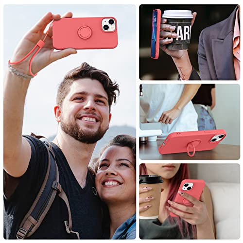 Inbeage [4 In 1 Ring Stand Case For Iphone 14 Plus Case,With Screen Protector+Camera Lens Protector+Hand Strap,Silky Touch Silicone Cover With 360° Kickstand,Full Protection,6.7 Inch (Cranberry Red) #TOP6
