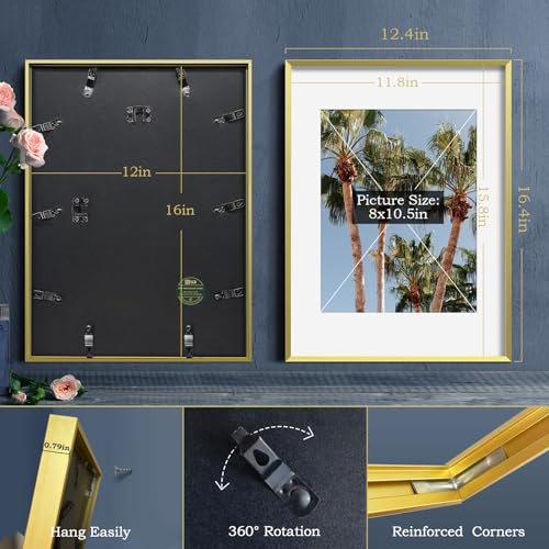 Image of VCK 12x16 Gold Metal Picture Frame 6 Pack, Aluminum Frame with Tempered Glass, Fits 8.5x11 with Mat and 12x16 Without Mat, Vertical Horizontal Wall Mount