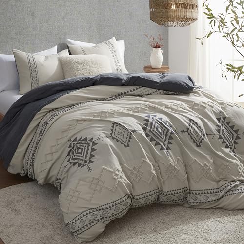 Image of Oli Anderson Boho Duvet Cover Set Queen Size, Beige and Gray Color Clash 3 Pieces Microfiber Bedding Set, Durable and Super Soft Duvet Covers with Zipper and Ties, 90 inch*90 inch