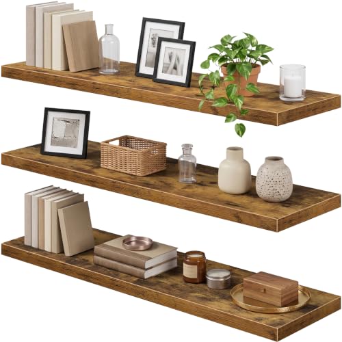 Image of QEEIG 12 inch Deep Floating Shelves for Wall - 12 x 48 inch Book Shelf Bathroom Bedroom Kitchen Living Room Hanging Bookshelf Farmhouse Set of 3, Brown (026-120BN3)