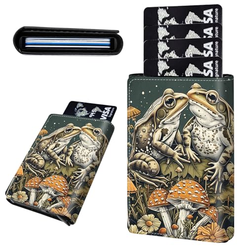 Credit Card Holder Aluminum Auto Pop Up Wallet, Slim Minimalist Credit Card Holder For Men and Women, Leather Card Case Front Pocket Trifold Wallet RFID Blocking Wallets,Cute Frog and Mushroom-1370