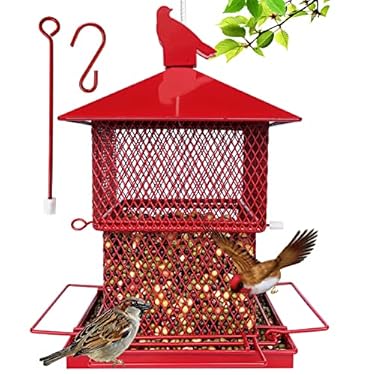 AMAZON - WANTELFOR Hanging Bird Feeders,Large Wild Bird Seed Feeders Outside,6.5lb Heavy Duty Metal Squirrel Proof Bird Feeders for Outdoors Hanging(Red)