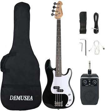 Full size 4strings electric p bass guitar kit package black color with 5W portable plug and play amplifier travel amp set with strap gig bag bundle for beginner starter practice (BKPB-30)