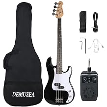 Full size 4strings electric bass guitar kit package black color with 5W portable plug and play amplifier travel amp set with strap gig bag bundle for beginner starter practice (BKPB-30)