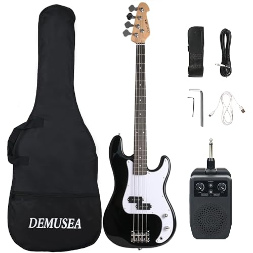 Full size 4strings electric p bass guitar kit package black color with 5W portable plug and play amplifier travel amp set with strap gig bag bundle for beginner starter practice (BKPB-30)