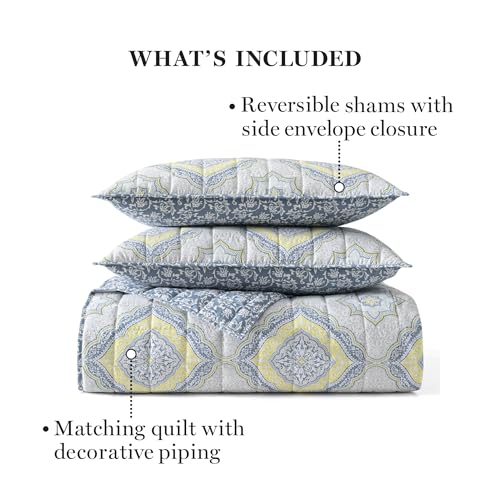 Martha Stewart 887719211060 Full Queen Size Quilt Bedding Set - 3 Piece, Soft Washed Microfiber, Printed Bedspread, Reversible, All Season, 1 Quilt, 2 Standard Pillow Shams, Blue & Gray, Jamie Medallion Print thumb #1