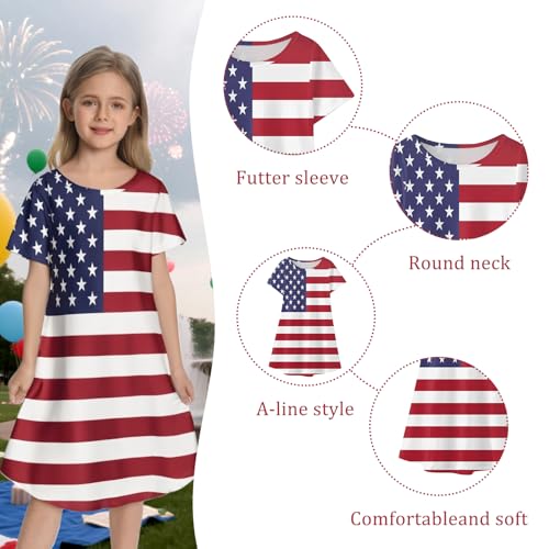RONGTAI Girls 4th of July Dress American Flag Patriotic Stars Striped Summer Casual Short Sleeve Dresses for 4-12 Years Kids4