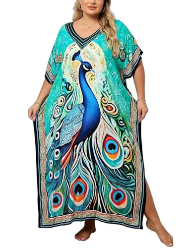 Image of KECVOT Kaftan Dresses for Women V-Neck Print Swimsuit Cover Up Plus Size Beach Caftan Lounge Dress