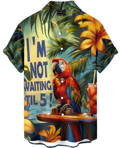 Men's Hawaiian Shirt, Tropical Parrot Print with It's Five O'Clock Somewhere Theme, Short Sleeve Button Down,Beach Vacation Shirt