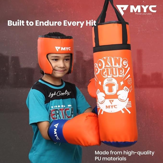 Image of MYC Club Pack of 4 Kids Punching Bag Boxing Kit Set for Karate | Bounce-Back Martial Arts Bag for Boys & Girls (Age 4-10 Year) (Orange)