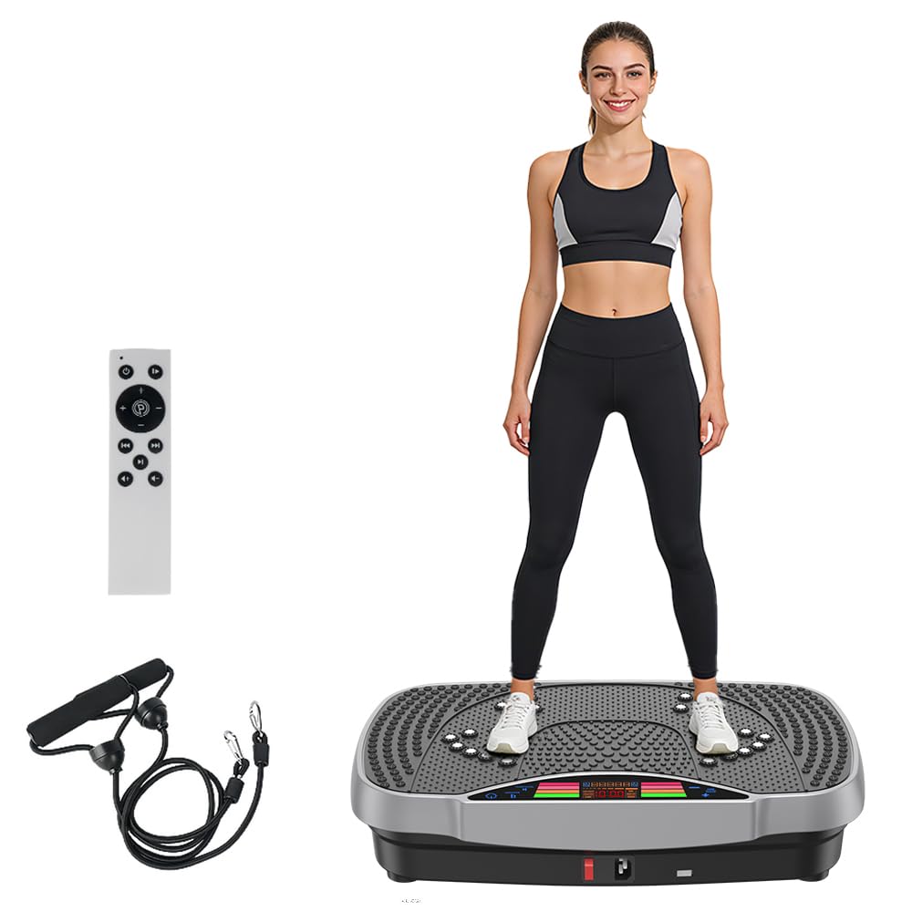 Vibrationsplatte, Fitness Rüttelplatte mit 99 Stufen und 5 Trainingsprogrammen, Kompaktes Design mit Leisem Motor, Trainingsbänder, Vibrationsboard für Zuhause Fettverbrennung & Muskelaufbau