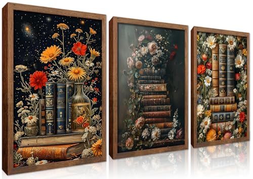 Vintage Floral Wall Art Set of 3，Flowers Books Wall...