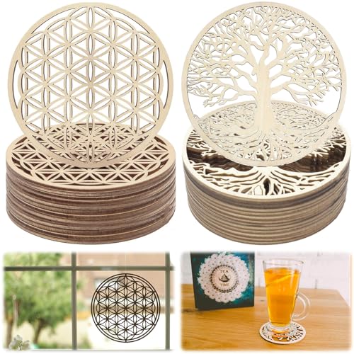 XSHAO® 20 Pz Sottobicchieri Fiore Della Vita/Albero della vita, Sottobicchieri Legno 10 x 10cm per Meditazione/Casa/Decorazione/Sala da Pranzo