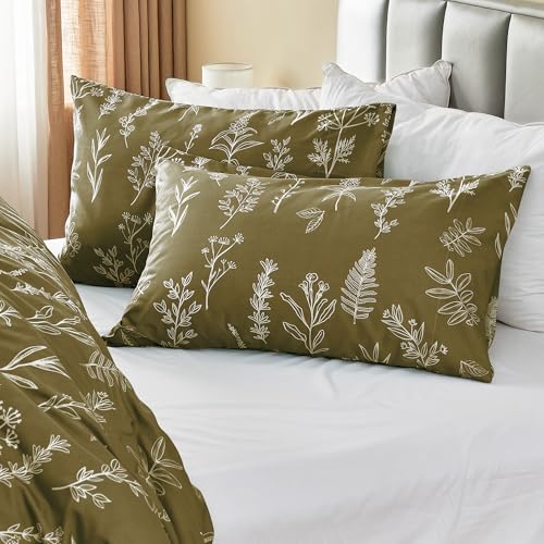 MUXHOMO Duvet Cover Full Size, Reversible Floral Olive Green Duvet Cover Set with Zipper Closure, 3 Pieces Botanical Patterns Soft Microfiber Bedding Set with 4 Ties (80"x90", 2 Pillow Cases)