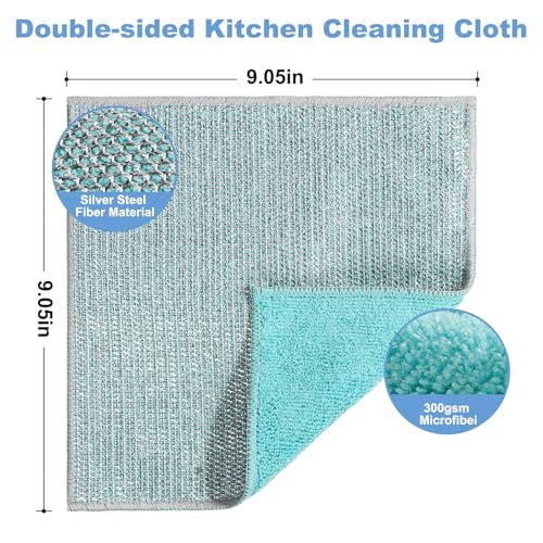 TIVERAIN 10pcs New Upgrade 2-Layer Microfiber Wire Dishcloth,Non-Scratch Wire Dishwashing Rags for Wet and Dry,Metal Scrubbers, Kitchen Miracle Cleaning Dish Rags for Cookware,Sinks, Dishes,Stove,Blue