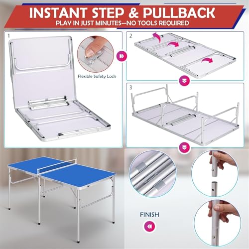 VBVARV Tragbarer Pingpong-Tisch Kompaktes, Zusammenklappbares Tischtennis-Tischset Mit Netz, 2 Schlägern Und 2 Bällen Für Drinnen Und Draußen Kleine Räume Und Wohnungen Verdickter Aluminiumrahmen – Bild 5
