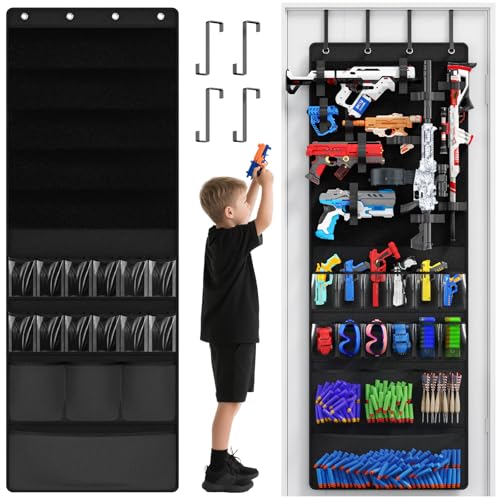 Over the Door Organizer for Toy Guns Toys Storage Door Hanger with Pockets and Slots for Kids Foam Blasters Darts Goggles Over Door Toy Guns Storage Organizer for Kids Rooms Game Rooms Black