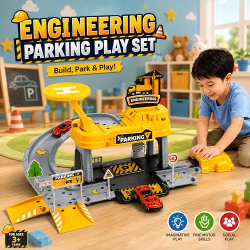 Image of WISHKEY Car Launcher Toys for Kids Parking Lot Toy for Kids 3+ Years, DIY Engineering Garage Playset with Die-Cast Car, Building Track, Launcher, Pretend Play Activity, Birthday Gift for Boys Yellow