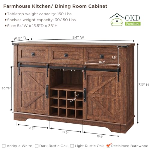OKD-Farmhouse-Wine-Bar-Cabinet-wSliding-Barn-Door-54-Kitchen-Coffee-Bar-Cabinet-wWine-Glass-Rack-Storage-Shelves-3-Drawers-Rustic-Large-Buffet-Sideboard-for-Dining-Room-Reclaimed-Barnwood OKD Farmhouse Wine Bar Cabinet wSliding Barn Door 54 Kitchen Coffee Bar Cabinet wWine Glass Rack Storage Shelves 3 Drawers Rustic Large Buffet Sideboard for Dining Room Reclaimed Barnwood