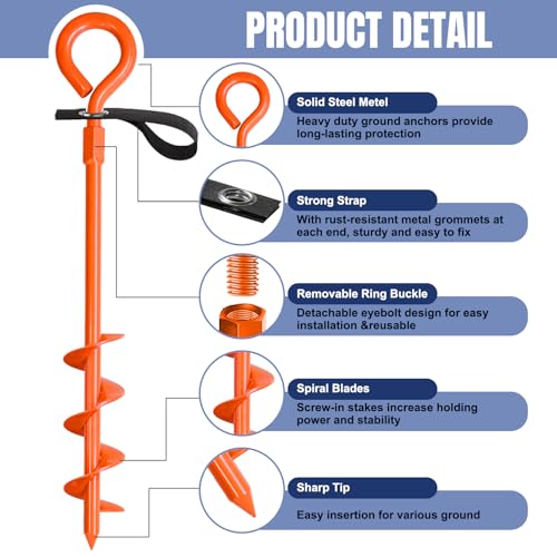 Image of Eurmax USA Trampoline Stakes Screw in Tent Stakes Parts Heavy Duty for Canopies,4-Pack Outdoor Anchor Kit with Straps(Orange)