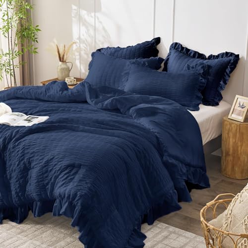 JOLLYVOGUE Navy Blue Comforter Full Size, 3 Pieces Seersucker Lightweight Full Size Bedding, All Season Fluffy Microfiber Bedding Comforter Set with 1 Ruffle Comforter and 2 Ruffle Pillowshams