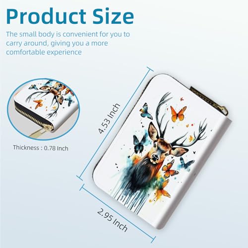 Small Credit Card Case Wallet for Women, RFID Blocking Mini Slim Leather Card Holder Wallet, Pocket Business Card Case with Zipper Card Holder, Watercolor Deer Moth3