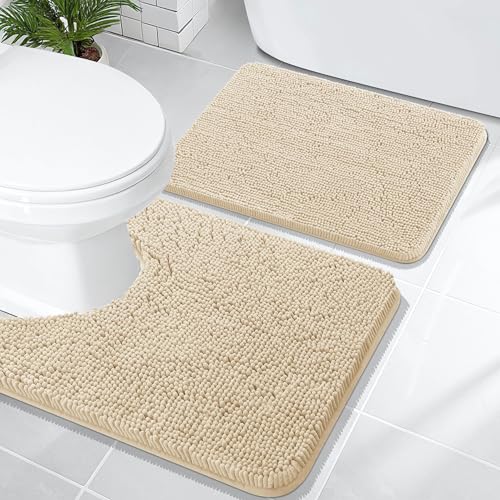 Image of OLANLY Bathroom Rugs Sets 2 Piece, Soft Absorbent Chenille Bath Mats and U-Shaped Contour Toilet Mat Area Rug Set, Machine Washable Bath Carpet, Home Decor Accessories(24 inchx16 inch+24 inchx20 inch, Beige)