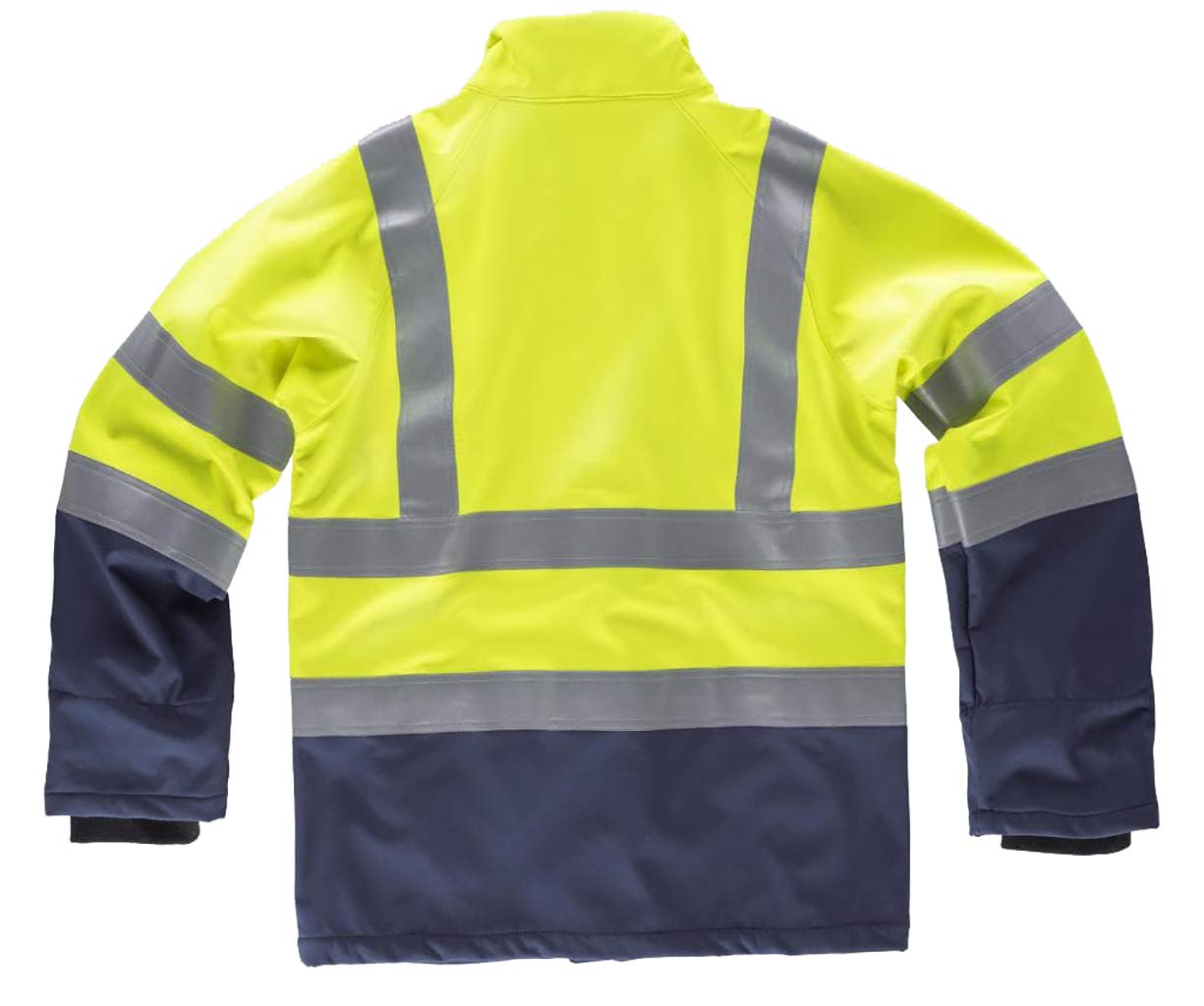 WorkTeam Chaqueta Softshell IGNÍFUGA, ANTIESTÁTICA con Protección para SOLDADURA, ARCO ELÉCTRICO Y QUÍMICOS, de ALTA VISIBILIDAD con Cintas Reflectantes, IMPERMEABLE. Unisex Amarillo A.V.+Marino XL