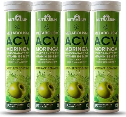Nutrasium ACV Moringa Metabolism Plus | Apple Cider Vinegar Effervescent Tablet | For Supports Weight Loss, Control Cravings, Convert Fat Into Energy, Boost Energy & Immunity | 60 Tablets Green apple