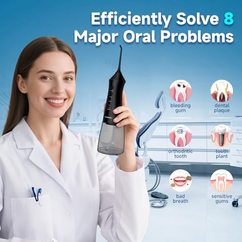 RUMFFLYE Irrigador Dental Portátil Irrigador Bucal Inalámbrico Profesional Water Flosser 12 Modos 5 Boquillas Irrigador eléctrico oral IPX7 Impermeable 300ML USB Recargable Para Casa y de Viaje(Negro) - imagen 2
