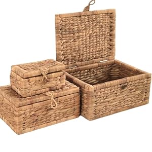 Set of 3 Handwoven Storage Boxes With Lid,Small Wicker Rectangular Basket For Shelves,Seagrass Decorative Boxes For Home Decor,Hyacinth Stacking Baskets With Lids For Organizing Set of 3 Handwoven Storage Boxes With LidSmall Wicker Rectangular Basket For ShelvesSeagrass Decorative Boxes For Home DecorHyacinth Stacking Baskets With Lids For Organizing