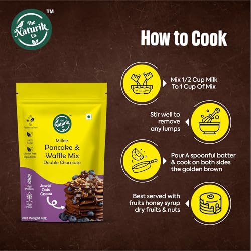 Image of The Naturik Co. Millet Pancake & Waffle Mix - Double Chocolate, 40g x 12 | No Maida | No Sugar | Made With Jaggery | Millets Powered | High Protein & Fiber |100% Vegan| As Seen On Shark Tank