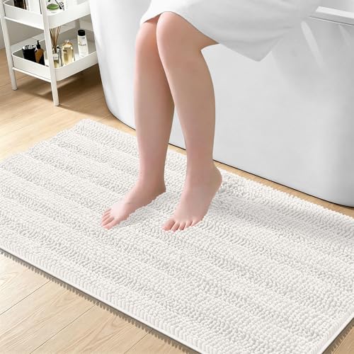 Image of OLANLY Thick Large Bathroom Rugs 45x27, Extra Soft Absorbent Chenille Striped Bath Rugs, Rubber Backing, Machine Wash Dry, Bath Mats for Bathroom Floor, Tub and Shower, Home Decor Accessories, Ivory
