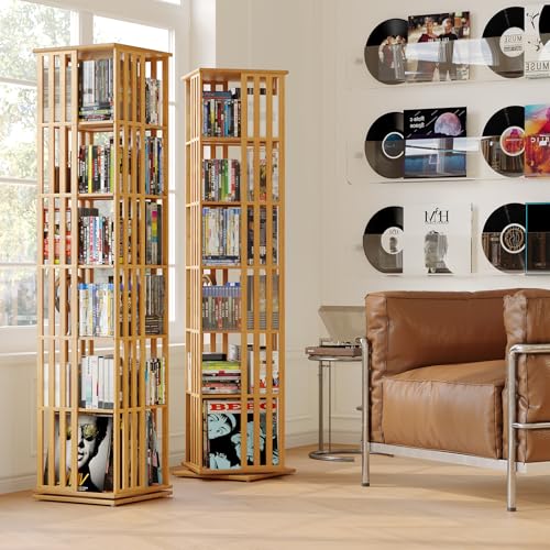 image for XIMN 360° Rotating Bamboo CD/DVD Shelf - 6-Tier Space-Saving Media St