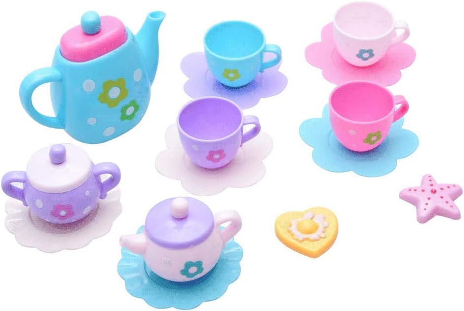 PowerTRC Kids Royal Tea Party Set – 21-Piece BPA-Free Plastic Pretend Play Teapot, Cups, Pastries & More, Floral Design, Scaled 3-4″, Ages 3 & Up