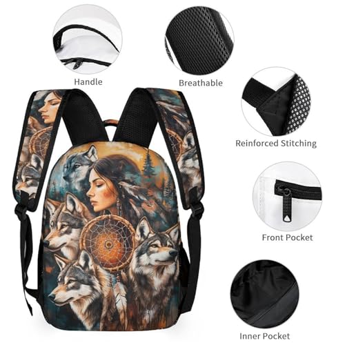 Dreamcatchers Native Woman Wolf Printed Backpack with Lunch Box Bag Pencil Case Pouch 3pcs Daypack Set for Women Men3