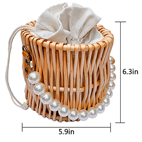 Aktudy Women's Summer Bohemian Rustic Beach Rattan Straw Bag with Pearl Handle and Drawstring Closure, Color23, Size 16*16*14cm - Image 4