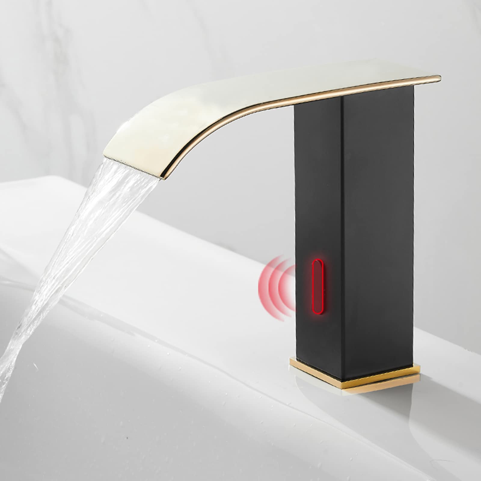 Grifo con sensor para lavabo en cascada monomando automático negro y dorado moderno 7
