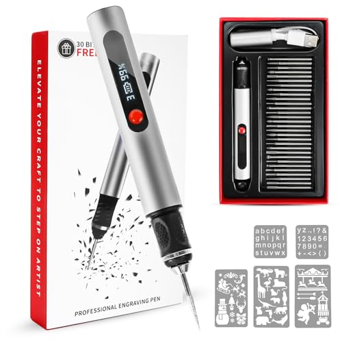 Gravierstift Wiederaufladierbar Gravur Werkzeug Kit Kabelloser Elektrischer Gravur Stift mit 30 Bits und 5 Gravurvorlage für Schmuck, Metall Glas Kunststoff