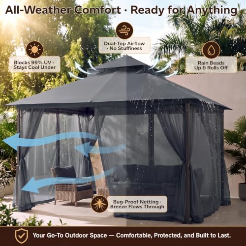 Image of MASTERCANOPY 9x9 ft Stable Patio Gazebo with Netting Walls, Dark Gray