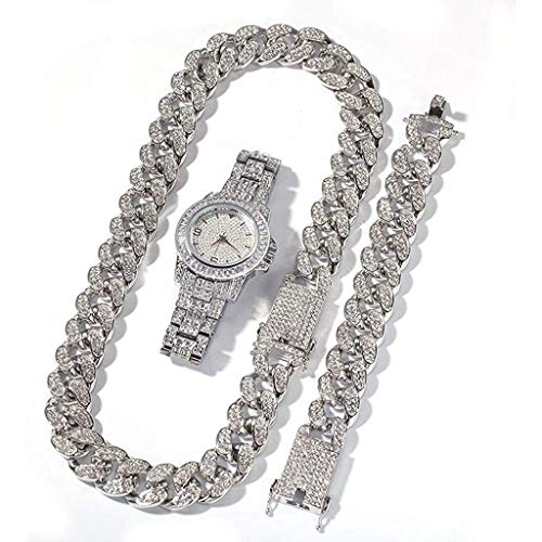 ldl-Hip Hop Set de 3 Piezas, Relojes de Hielo for Hombres y Mujeres, Relojes Bling-ed, Relojes de Plata de Cristal de Plata, Relojes de Pulsera