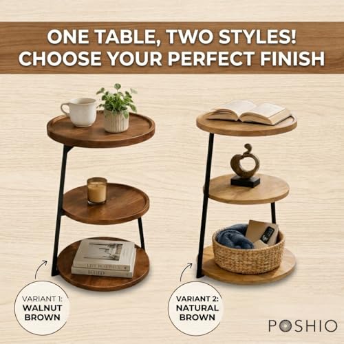 Image of POSHIO Wooden Side Table 3 Tier Round with Metal Frame- Modern End Table Organizer with Storage Shelves (Natural Brown, 61.5, Centimeters, 40.5, Centimeters, 40.5, Centimeters)