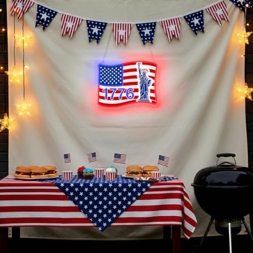 Image of 1776 USA Flag Neon Sign, Dimmable Statue of Liberty Patriotic LED Neon Lights for Wall Decor, 4th of July, Bedroom, Bar, Man Cave, Home, Garage, Christmas Birthday Party Gifts
