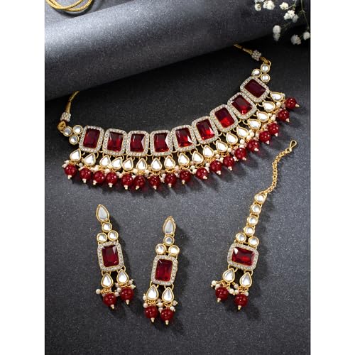 Image of Peora Crystal Faux Pearl Kundan Necklace & Jewellery Set Gift for Women