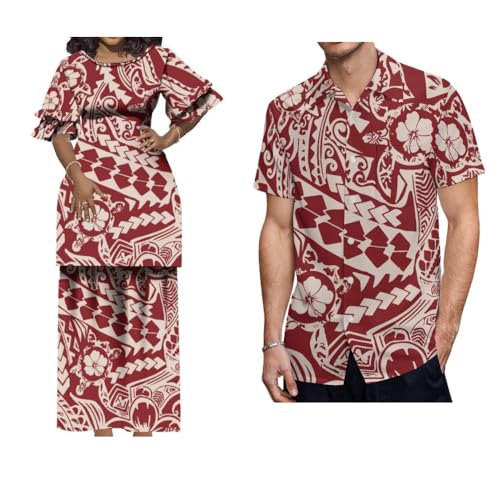 Eastdola Samoa Club Women's Puletasi Suit Dress Men's Short Sleeved Casual Shirt Floral Print Polynesian Couple Suit