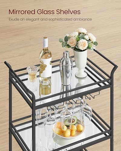 Image of VASAGLE Bar Cart Black, Small Home Bar Serving Cart with 3-Tier Mirrored Shelf, Wine Holders, Glass Holders, for Small Spaces, Kitchen, 15 x 23.6 x 36.2 Inches, Black ULRC100B01