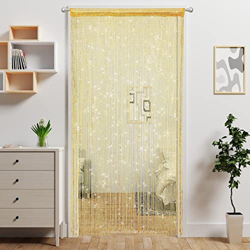 Atsweetlife Door String Curtain Doorway Beads Curtains,Hanging Room Divider Beaded Decor Hippie Glitter Fringe Panel Closet Window Doors Sequin Sheer Boho Doors Tassel (Gold)
